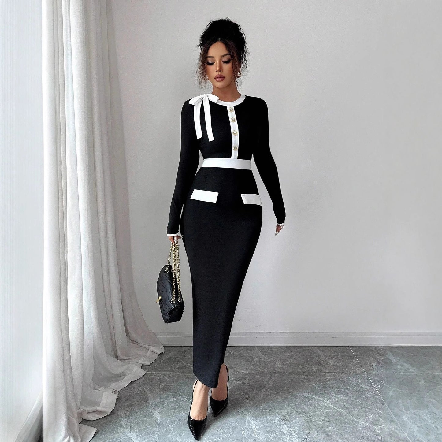 Black And White Womens Dress With Polyester Patchwork