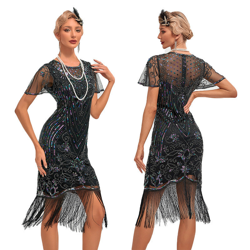 Womens Retro Party Sequin Tassel Dress