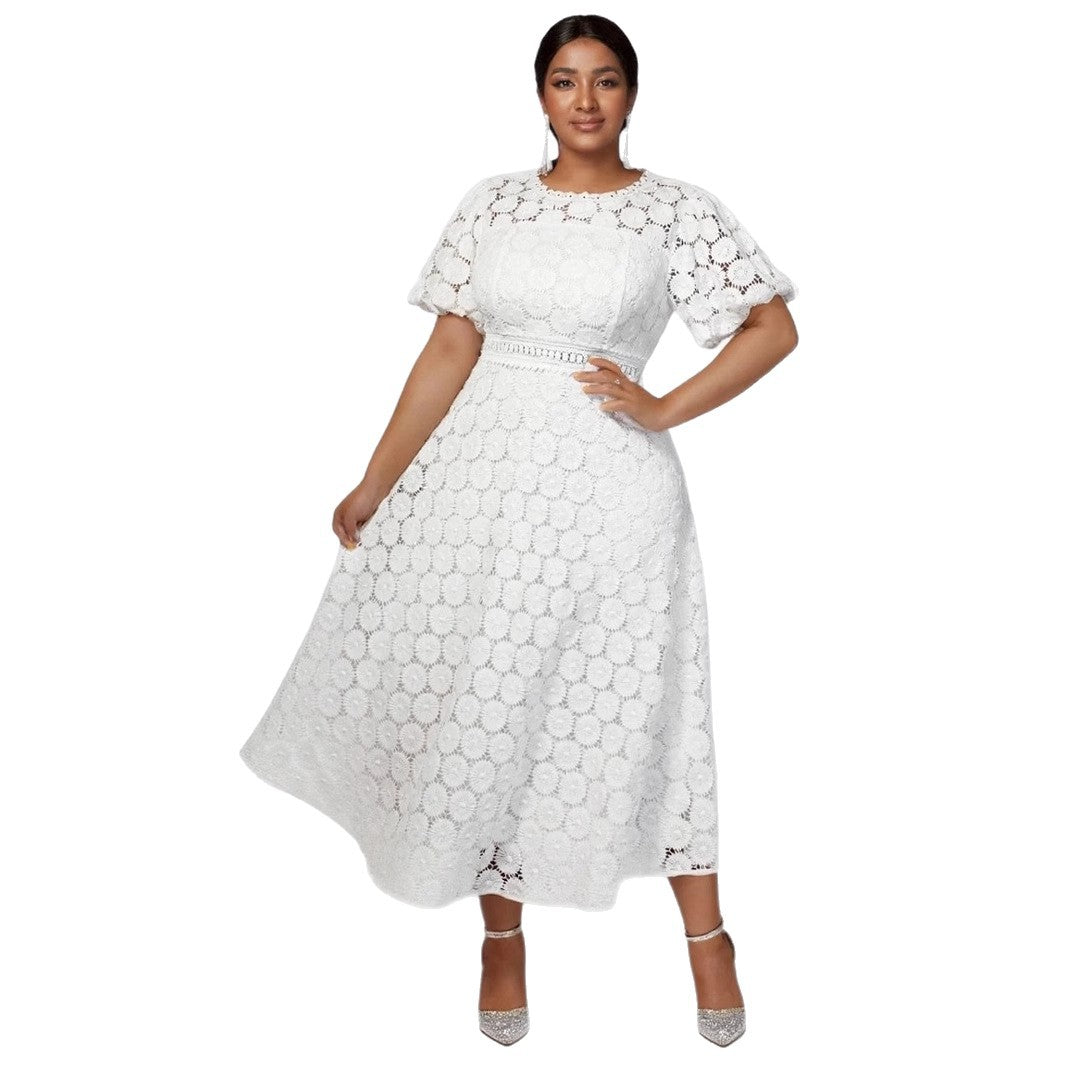 Plus Size Round Neck Lace Puff Sleeve Dress