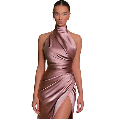 Satin One-shoulder Trailing Dress For Women