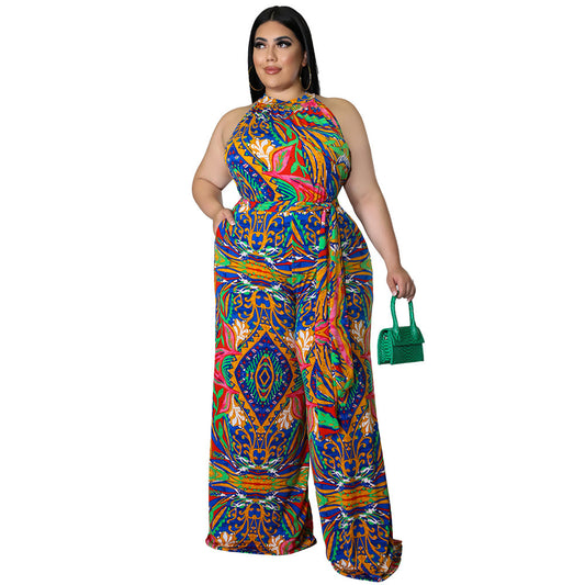 Women's Casual Halterneck Printed Jumpsuit With Belt Plus Size