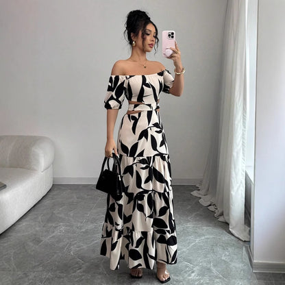Off-shoulder Sexy Hollow-out Dress Printed Bodycon