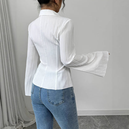 Elegant V-neck Single-breasted Solid-color Striped Blouse For Women