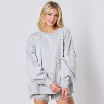 Autumn And Winter New European And American Pearls Bow Decoration Long-sleeved Sweater