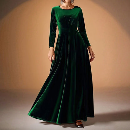 Women's Elegant Velvet Pleated Long Sleeve Cocktail Party Formal Wedding Guest A-Line Maxi Long Dress