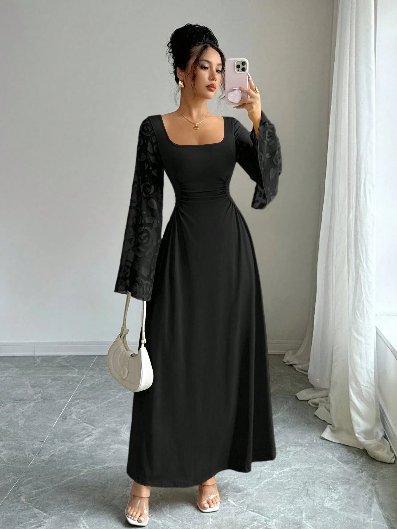 Lady's Elegant Temperament Retro Solid Color Square Neck Long Sleeve Trumpet Sleeve Dress