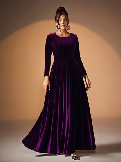Plus Size Velvet Long Sleeve Dress With Pleats