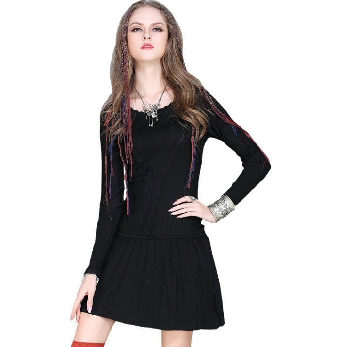 winter new round neck skirt Vintage long sleeve sweater dress