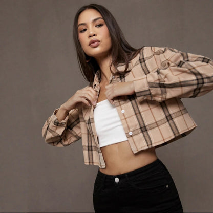 Short Long Sleeve Plaid Cropped Lapel Shirt