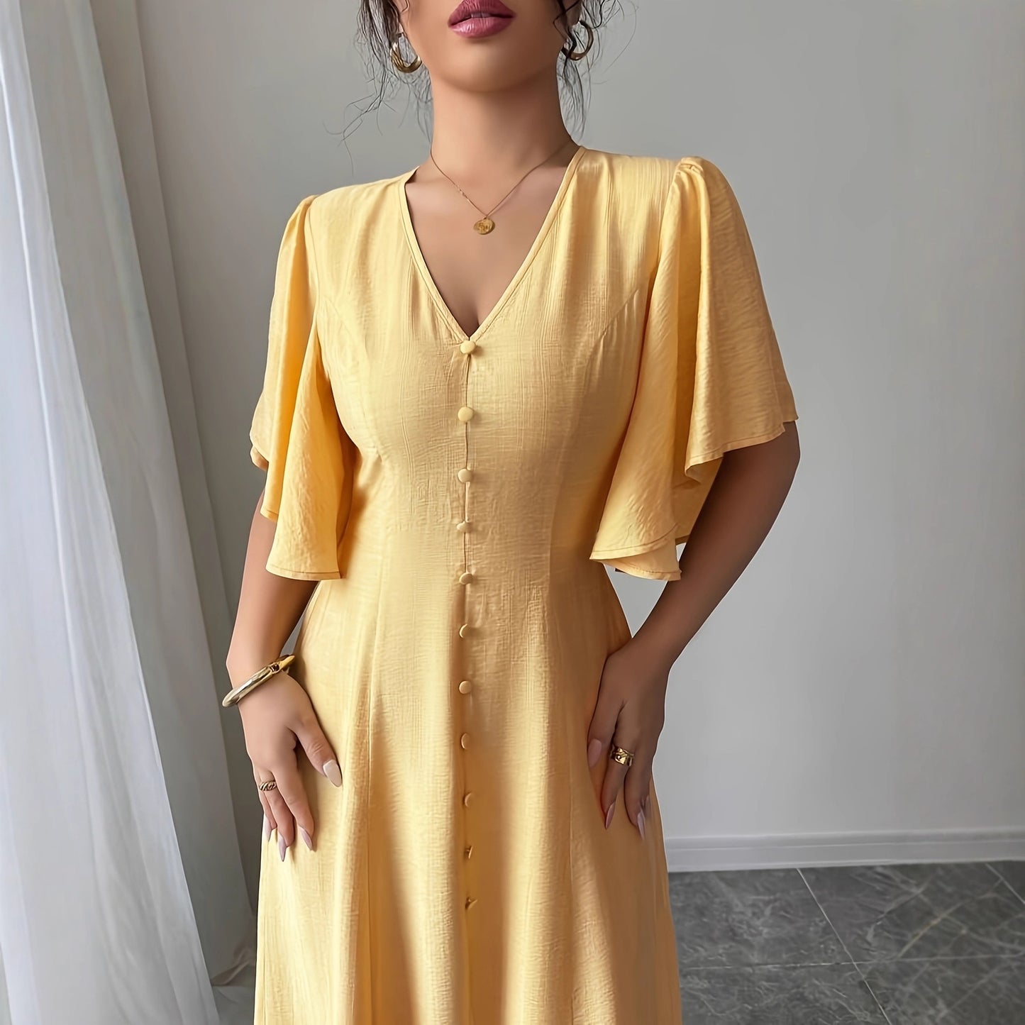 Women's Solid-Colored Split Simple Dress With Petal Sleeves