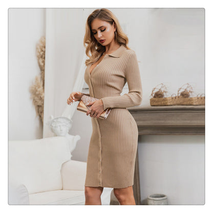 Women sweater long fashion V-neck knitted dress