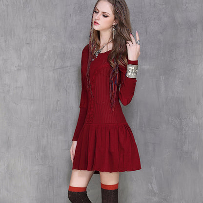 winter new round neck skirt Vintage long sleeve sweater dress