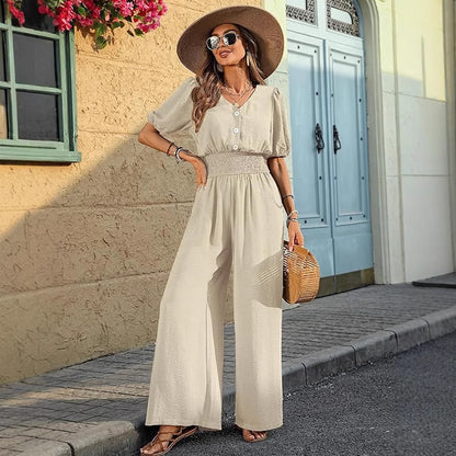 Womens Solid-Color Short-Sleeve Lapel Waist-Cinched Jumpsuit