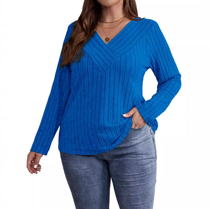 Autumn And Winter Solid Color Plus-size Cross V-neck Long-sleeve Ribbed Brushed Pullover T-shirt Top