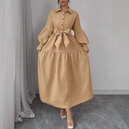 Fashionable Lace-up Long Sleeve Puff Sleeve Dress