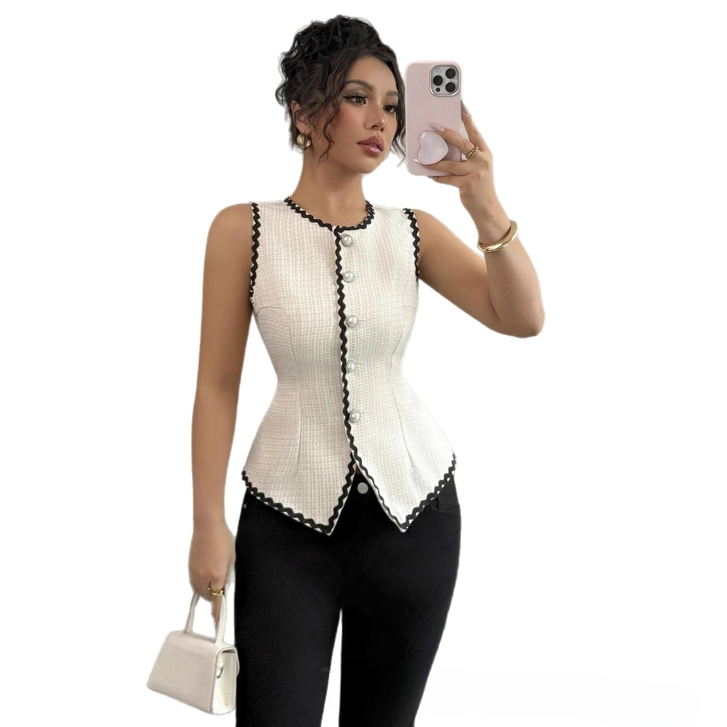 New Color-block Round-neck Sleeveless Embroidered Vest