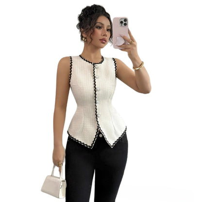 New Color-block Round-neck Sleeveless Embroidered Vest
