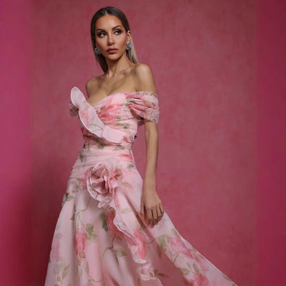 Retro Floral Waist-Cinching Casual Printed Off-Shoulder Dress