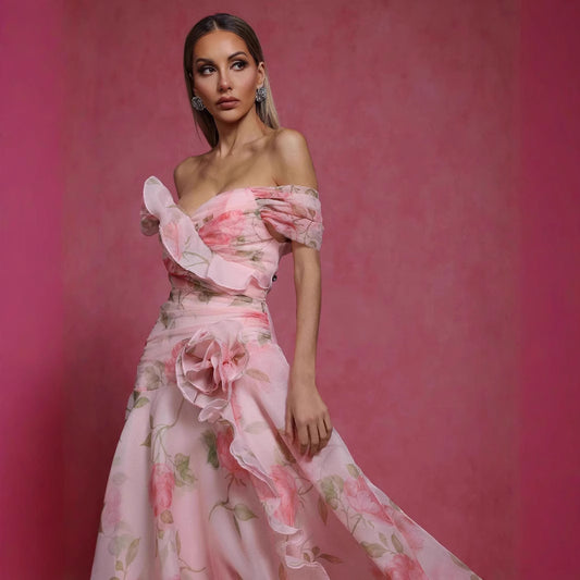 Retro Floral Waist-Cinching Casual Printed Off-Shoulder Dress