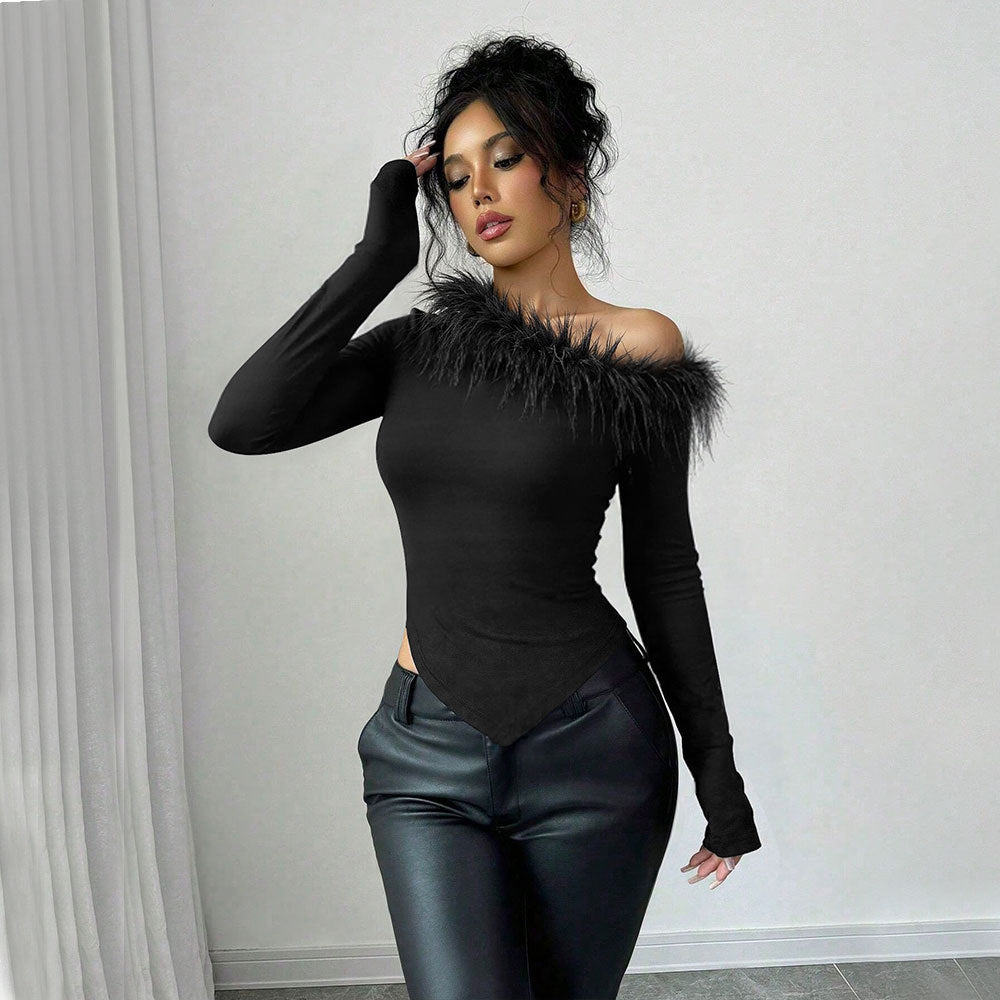 Autumn And Winter Niche Design Feather Patchwork Single Shoulder Irregular Hem Slim Long Sleeve Women