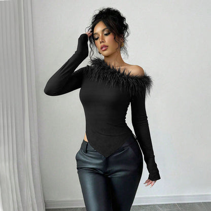 Autumn And Winter Niche Design Feather Patchwork Single Shoulder Irregular Hem Slim Long Sleeve Women