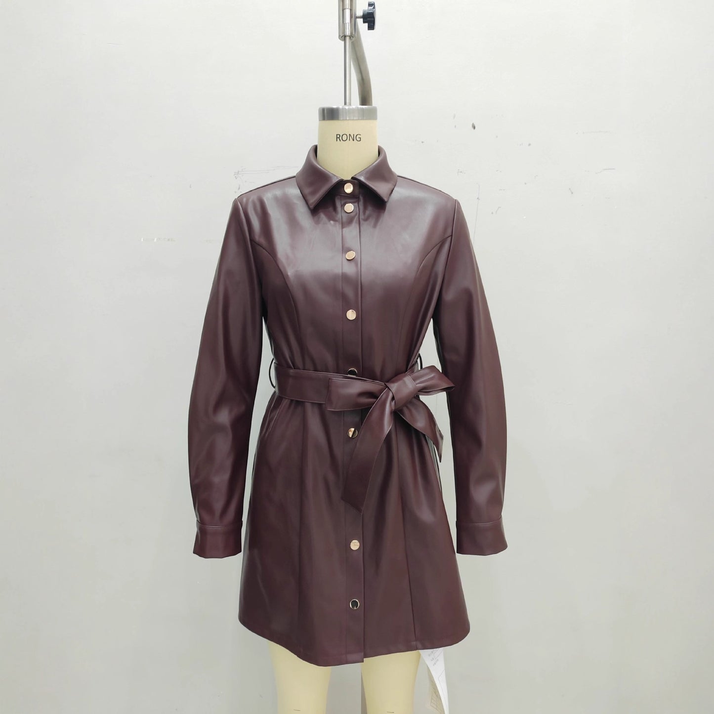 Belted Long-sleeve Leather Trench Fashionable Women's Coat