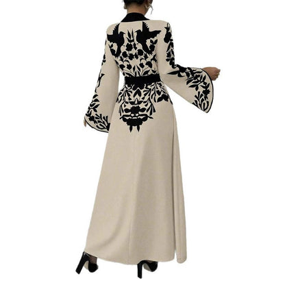 Women's V-neck Long Cardigan Printed Flared Long-sleeve Lace-up Dress