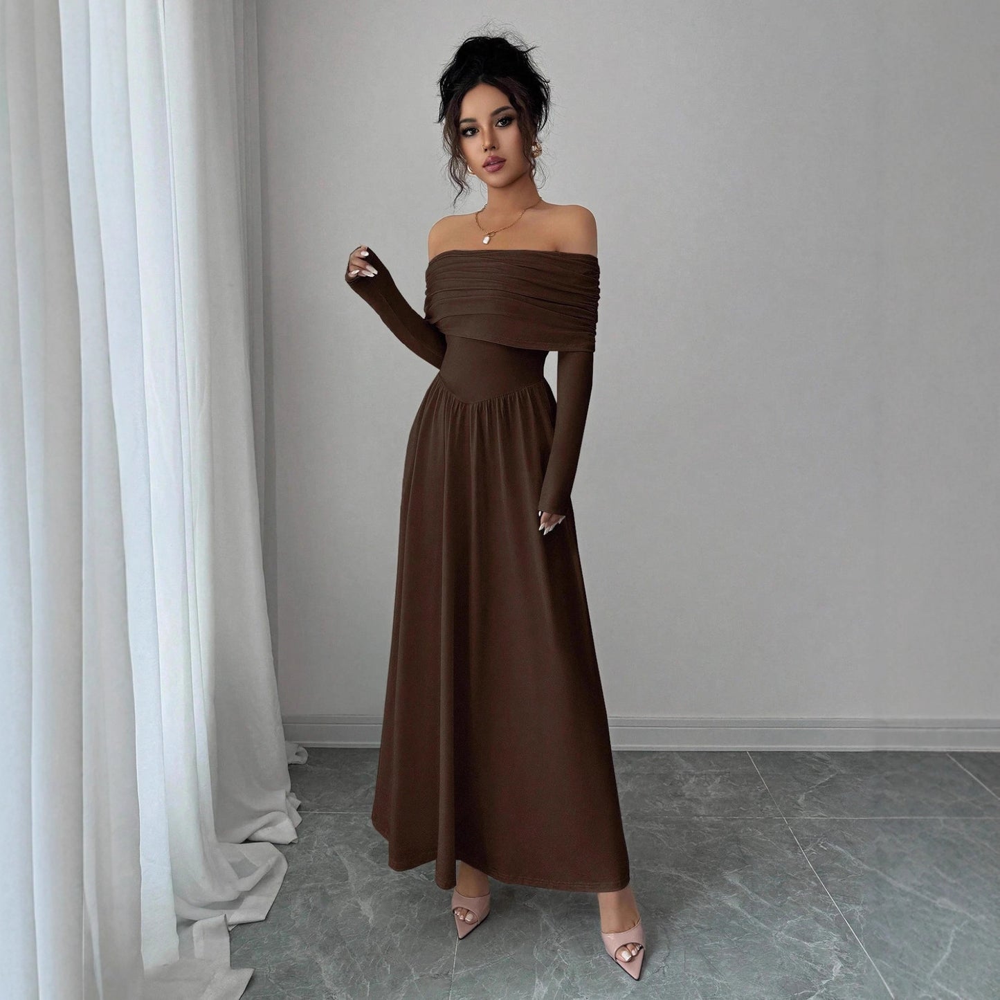 Women's Solid-Color French-Style Off-the-Shoulder Knitted Dress