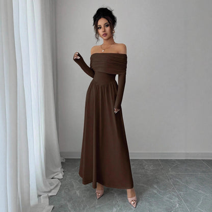Women's Solid-Color French-Style Off-the-Shoulder Knitted Dress