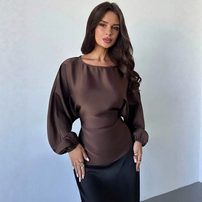 Casual Round Neck Lace-up Waist Shirt For Women