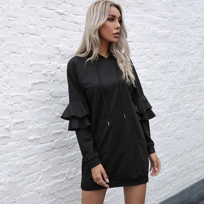 Long Sleeve Pullover Hoodie Skirt Women's Ruffled Patchwork Hoodie Skirt