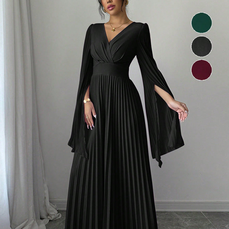 Women's High-waisted Long Deep-V-neck Long-sleeve Flared-sleeve Dress