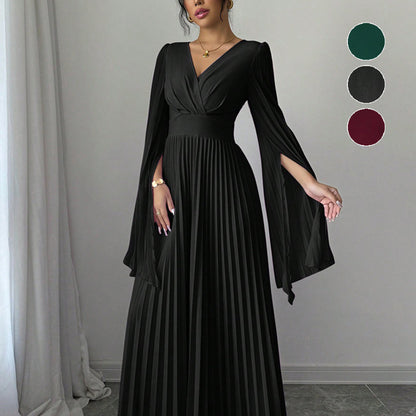 Women's High-waisted Long Deep-V-neck Long-sleeve Flared-sleeve Dress