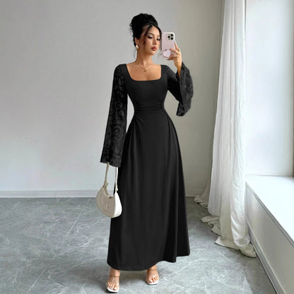 Lady's Elegant Temperament Retro Solid Color Square Neck Long Sleeve Trumpet Sleeve Dress
