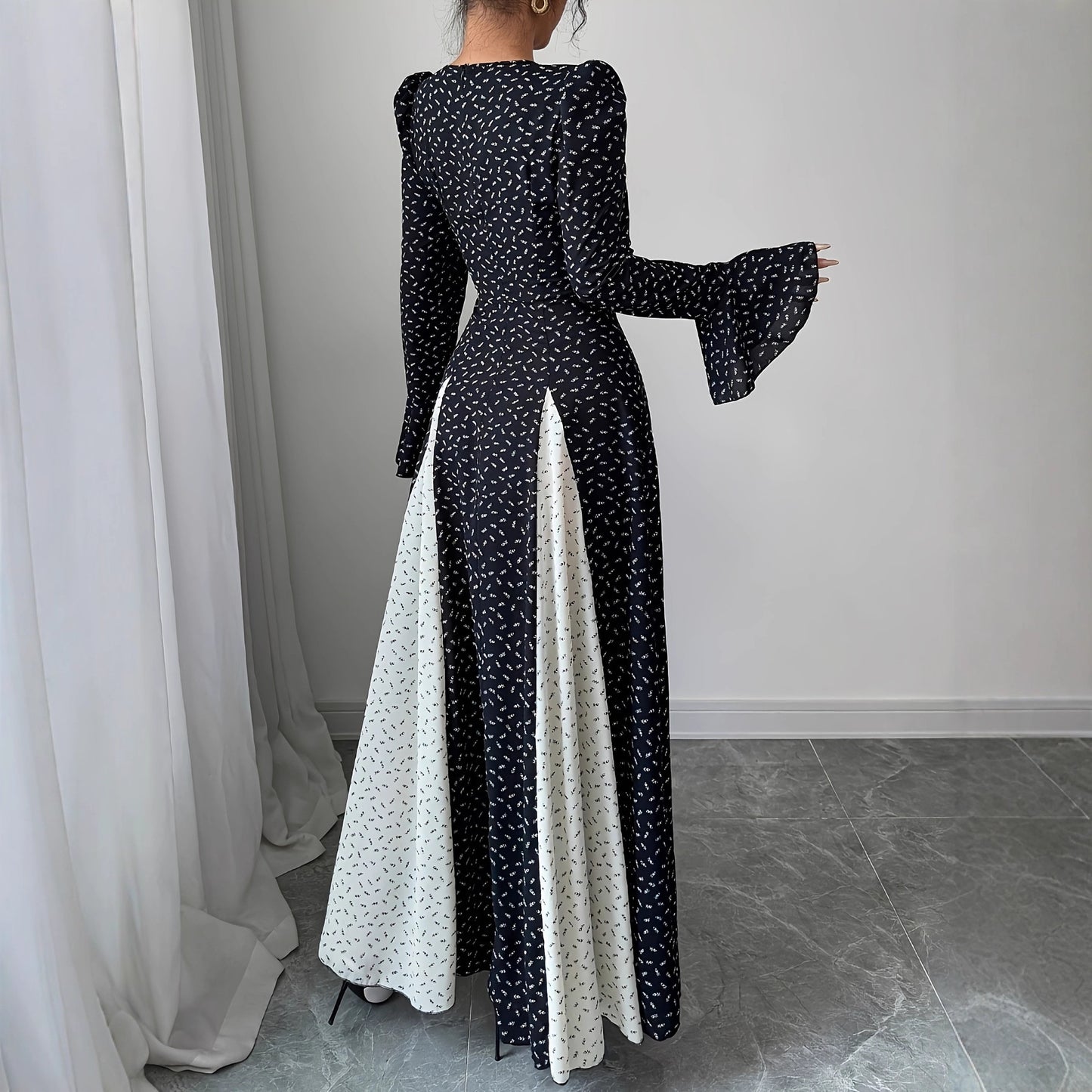 Black And White Patchwork Print Slim-waist Flared Sleeve Long Dress