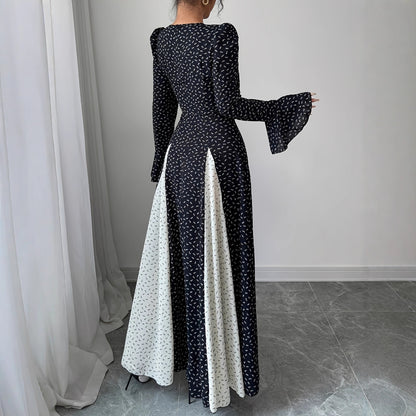 Black And White Patchwork Print Slim-waist Flared Sleeve Long Dress
