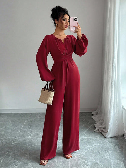 Women's Solid-Colored Jumpsuit With Puffed Sleeves, Square Neck And Wide Legs