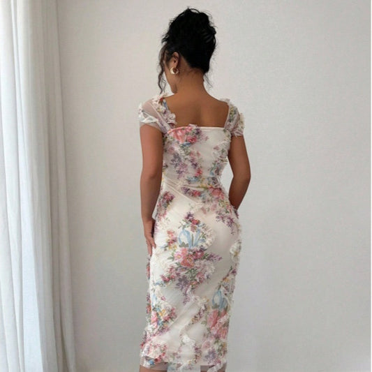 Elegant Romantic Mesh Floral Print Pleated Mid-length Dress