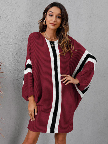 Knit Sweater Loose Bat Sleeve Contrast Color Stitching Dress
