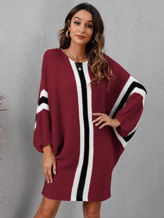 Knit Sweater Loose Bat Sleeve Contrast Color Stitching Dress