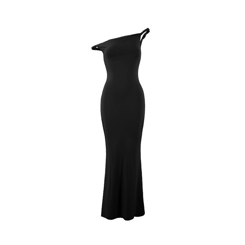 Womens One-Shoulder Slim-Fit Sheath Solid-Color Dress