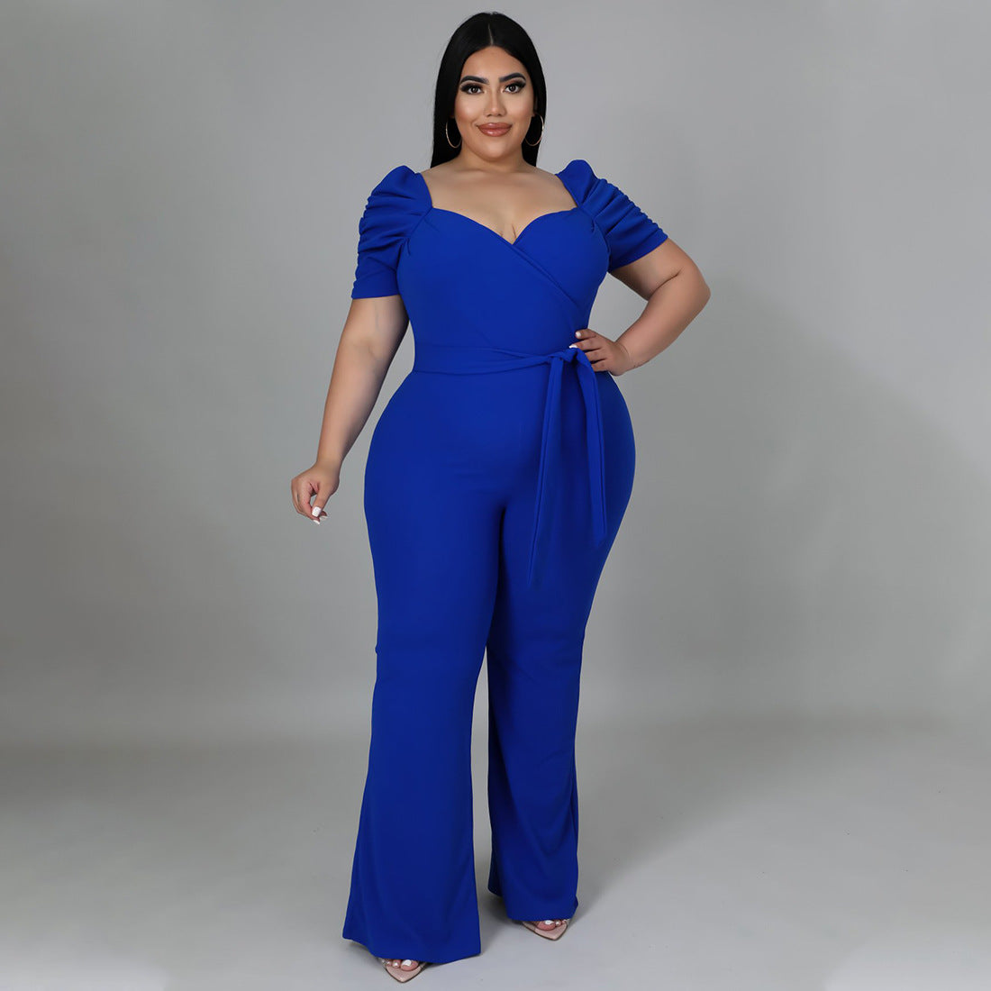 Women's Plus-Size Stand Collar Ruffle Sleeve High-Waist Jumpsuit Wide-Leg Pants