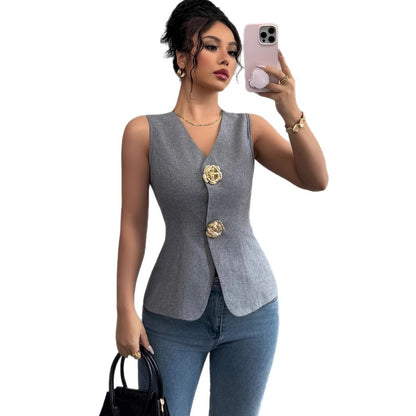 Sleeveless Rose Button Slim Vest Elegant Commute