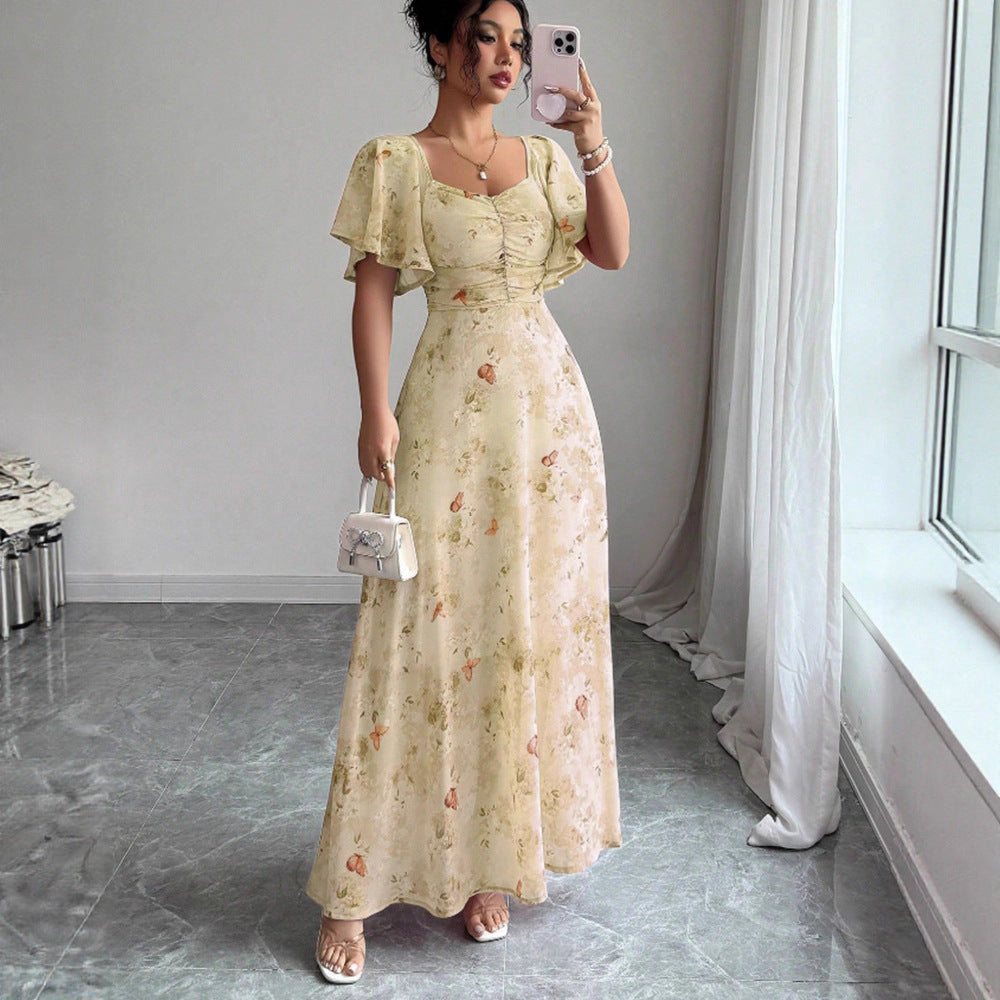 Lotus Sleeve Printed Slim Elegant Dress