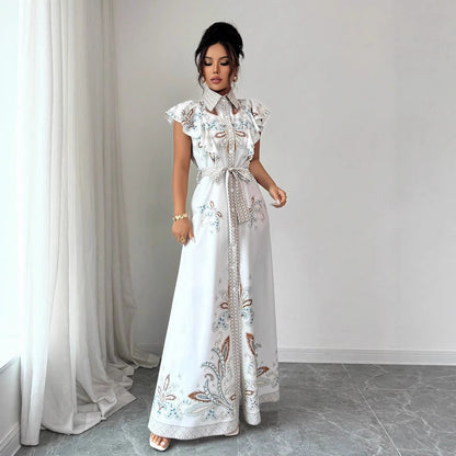 Women's Retro Printed Long-Sleeve Waist-Cinching Single-Breasted Stand-Neckline Dress