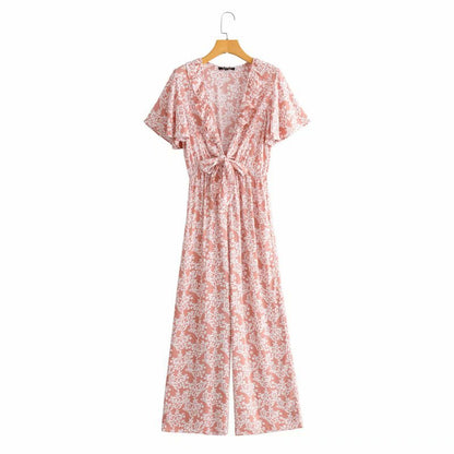 Printed Jumpsuit With Tie On Chest