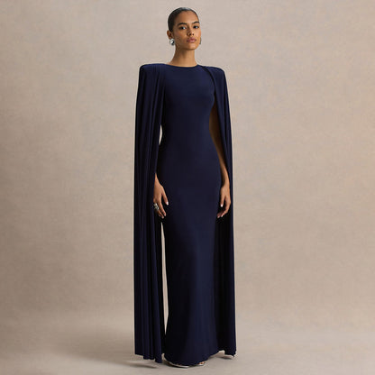 Solid Color Round-neck Pleated Shawl Slim Dress