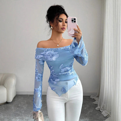 New One-shoulder Trumpet Sleeve Asymmetric Hem Embroidery Versatile Stylish Top