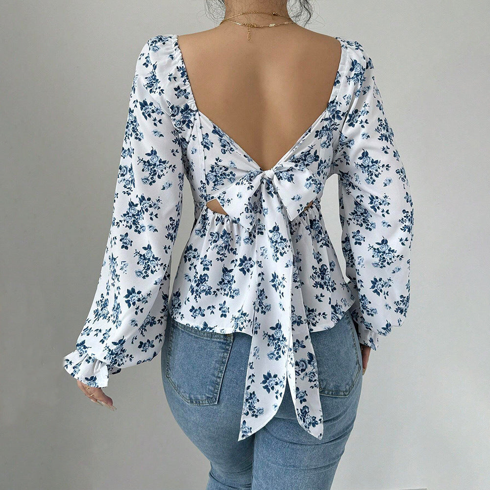 Autumn And Winter Square Neckline Puff Sleeve Popular Floral Long Sleeve Top