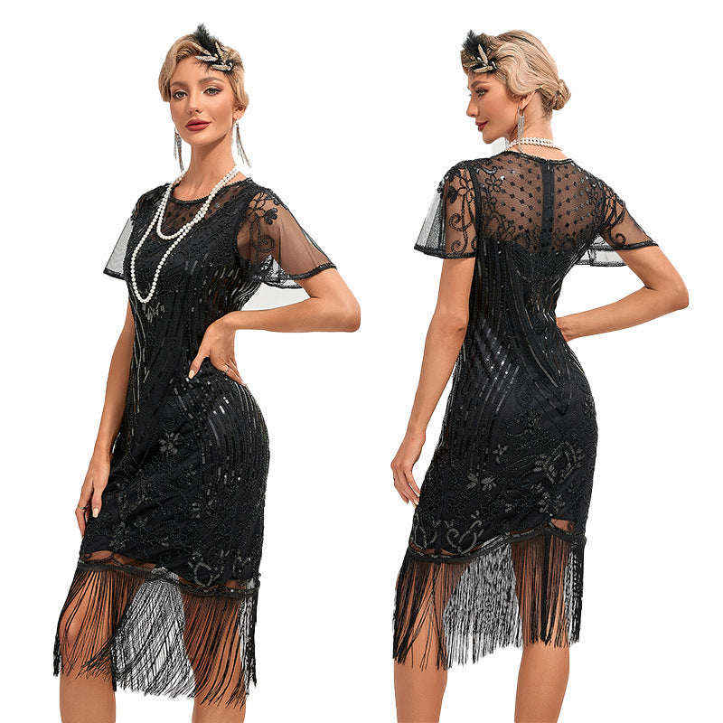 Womens Retro Party Sequin Tassel Dress